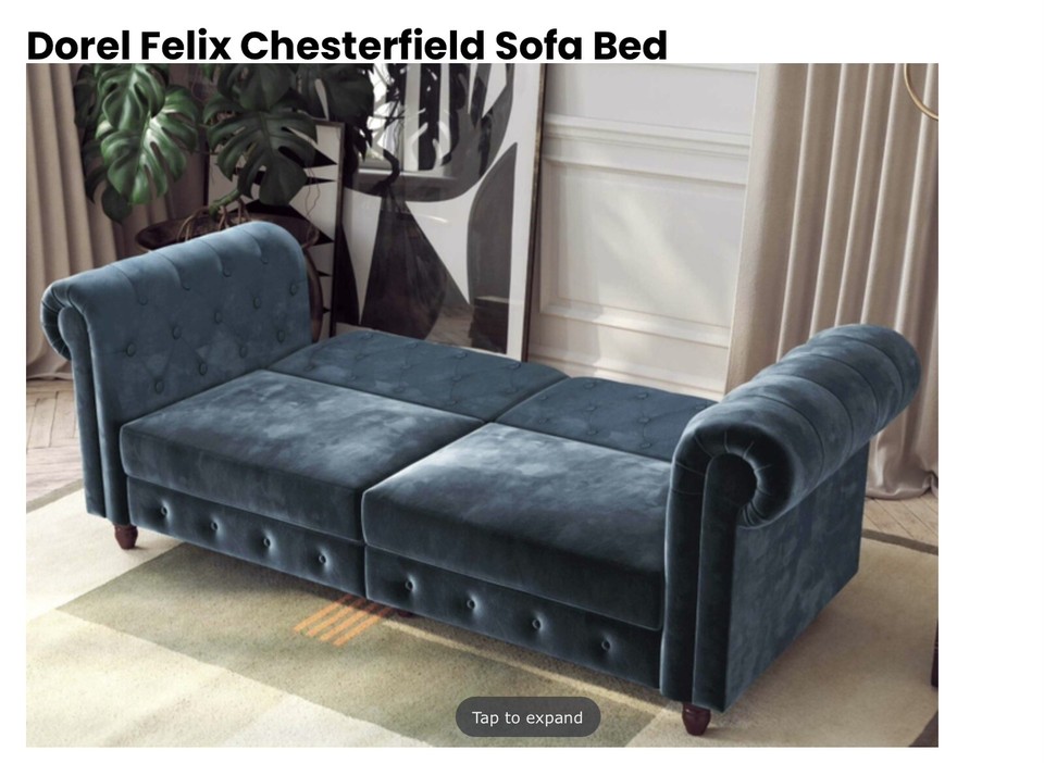 Dorel Felix Chesterfield Sofa Bed Blue Velvet (2259679UK) Barely Used