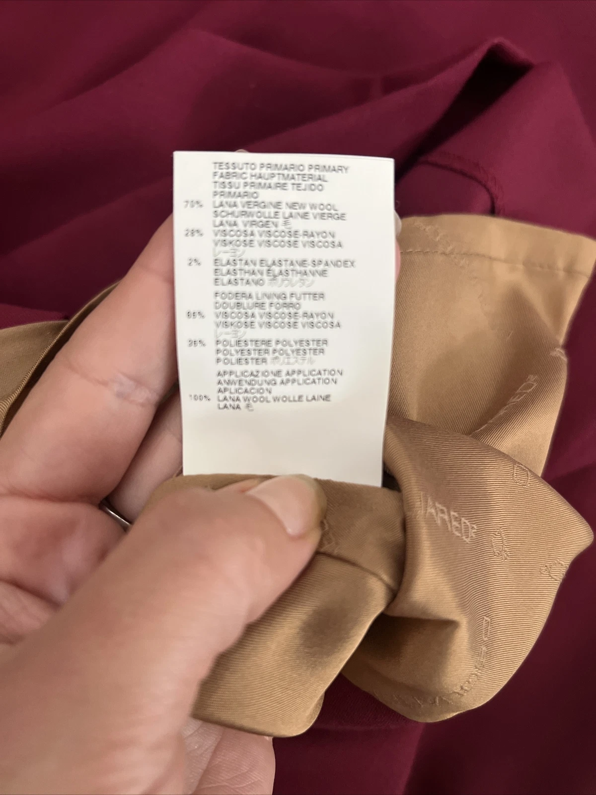 DSQUARED2 Dsquared 2 Abito Vino Rosso Sabbia Sciarpa Lana Morbida Attaccata Tg 40