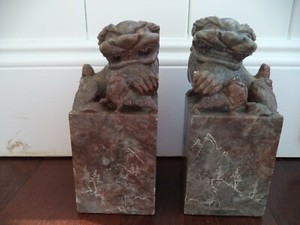 Chinese Carved Soapstone Foo Dog Pair Chop Seals Midcentury