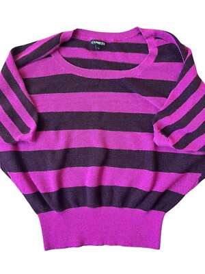 Y2K Express Knit Sweater Top Womens Medium Pink Purple Striped Metallic Glam 00s