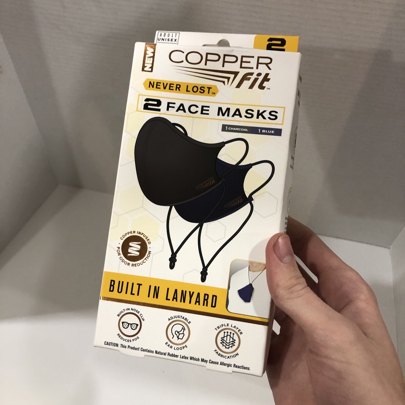 2 COPPER FIT NEVER LOST FACE MASKS w/LANYARD 1 BLUE & 1 CHARCOAL