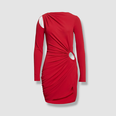 monse red dress Off Shoulder Puff Lace Midi Dress MONSE