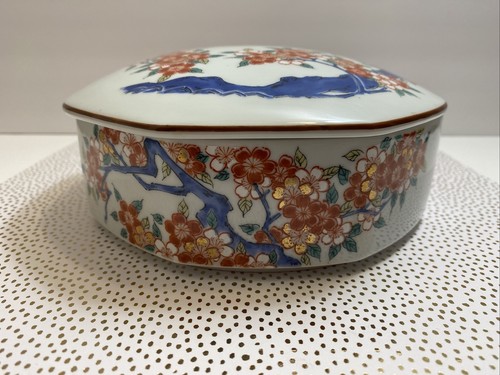 Vtg OMC Otagiri Floral Trinket Stackable Dish Box w Lid Japan w/ Sticker Large - Picture 2 of 11