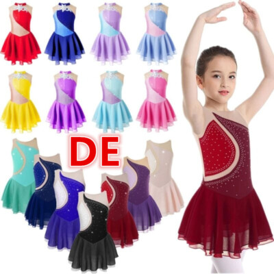 DE Mädchen Glänzend Tanzkleid Ballettkleid ÄrmellosTanzbody Rock Tütü Gymnastiks