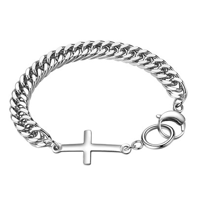 Titanium Steel Cross Charm Curb Cuban Chain Link Bracelet Bangle For  Men