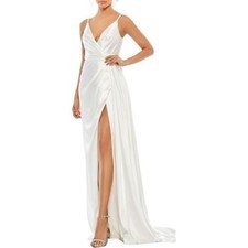 Mac duggal Satin white Long dress train slit Evening dress gown size 4