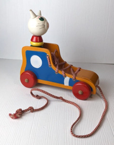 Vintage Cat Sneaker pull toy made in Romania collectible nursery decor wooden