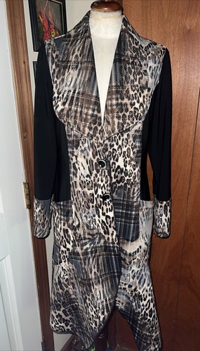 Bali Corp Women’s BLACK Plaid Leopard Print Jacket Vintage Retro Long Coat GUC
