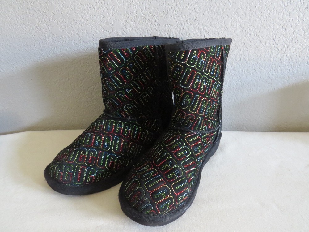Ugg Boots Women Size 5 Black Rainbow Stitch Classic II Short Suede