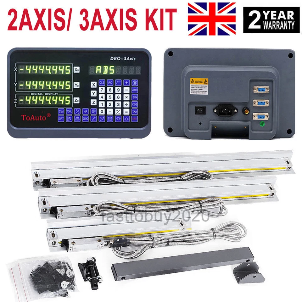 TOAUTO DRO 2/3 Axis Digital Readout 5um Linear Glass Scales full Kit for Mill Lathe UK
