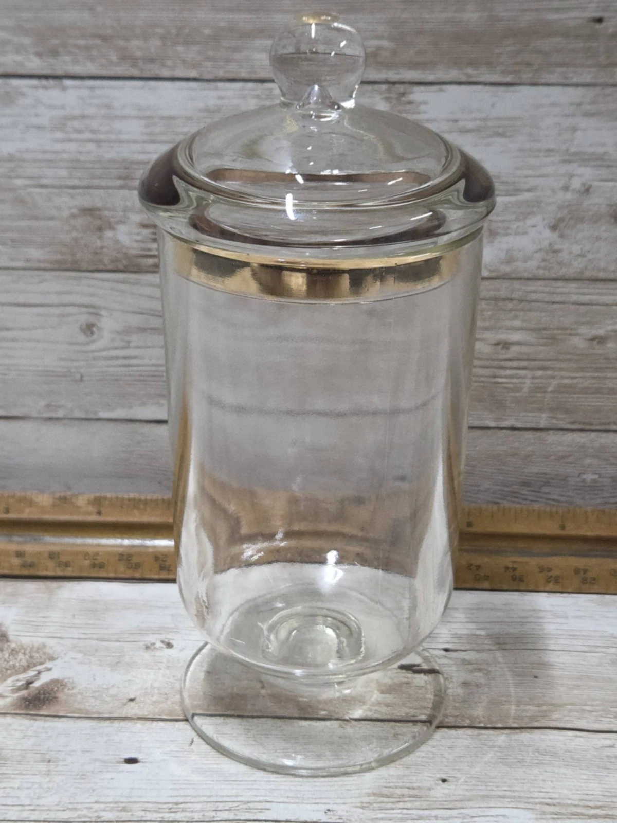 medium 6-inch Glass Apothecary Jar with Gold Trim Lid FS