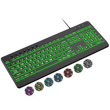 Large Print Backlit Wired Keyboard, Light Up USB Keyboard with 7-Colors Backl...
