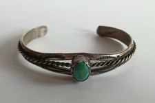 VINTAGE NAVAJO INDIAN TINY STERLING SILVER TURQUOISE BABY OR DOLL CUFF BRACELET