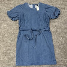 Ashley Stewart Denim Dress Women 18 Plus Blue Puff Sleeve Belt Western Country