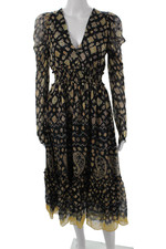 Ulla Johnson Women Fit & Flare Black V-Neck Long Sleeve Midi Dress Size 2