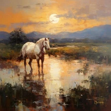Original , Western Hand Painted Oil Painting-30x30” Horse In Moonlight , Signed