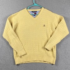 Tommy Hilfiger Men's Large Yellow Cable Knit V-Neck 100 Cotton Sweater Jumper