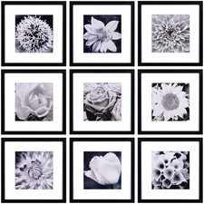 12x12 Picture Frames Black Set of 9, Square Photo Frame Displays 8x8 with Mat...