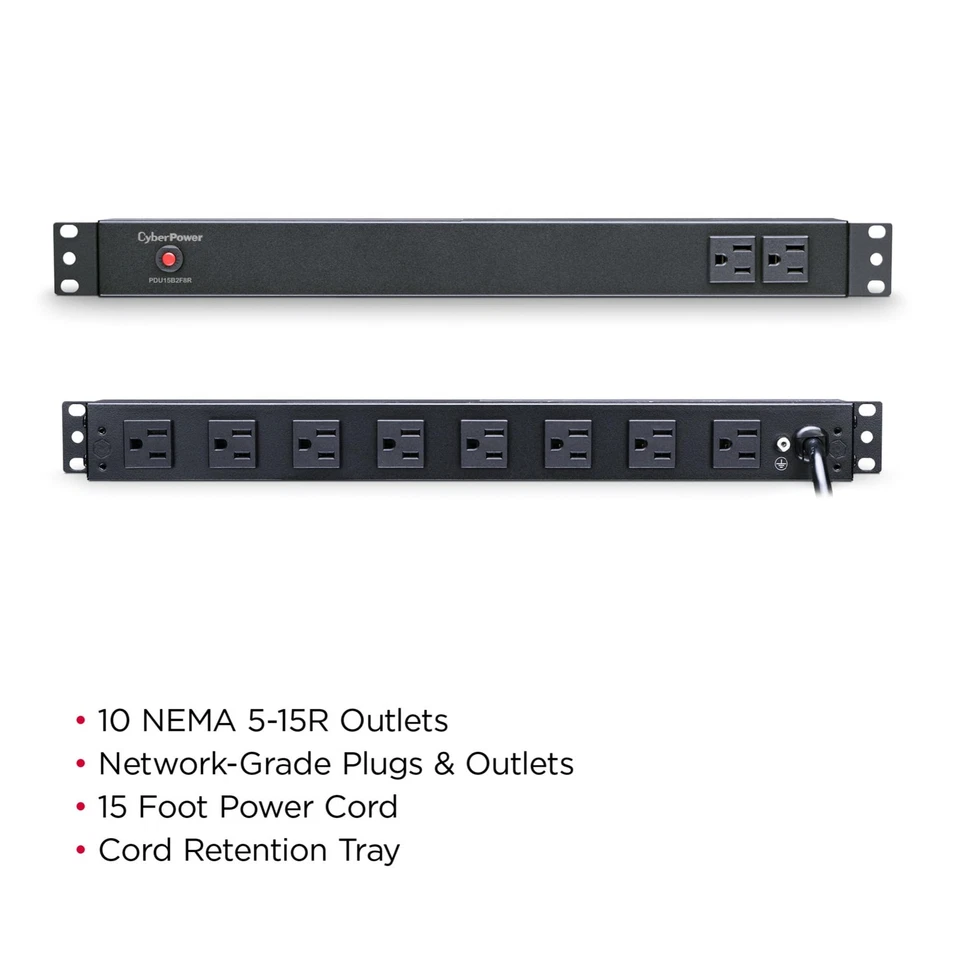 PDU15B2F8R Basic PDU, 100-125V, 15A (Derated to 12A), 10 Outlets, 1U Rackmount - Image 3 of 4