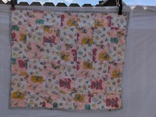 vintage handmade baby quilt Teddy Bear, Duck, Rattle , Bottle Train 32x37"