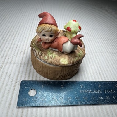 HOMCO 5404 Pixie Elf Boy By Mushroom Garden Trinket Dish Orange/Brown