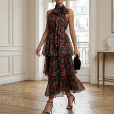 Mac Duggal Ieena Floral Chiffon Tiered Halter Midi Dress Bow Sz 6 Black Red NWT