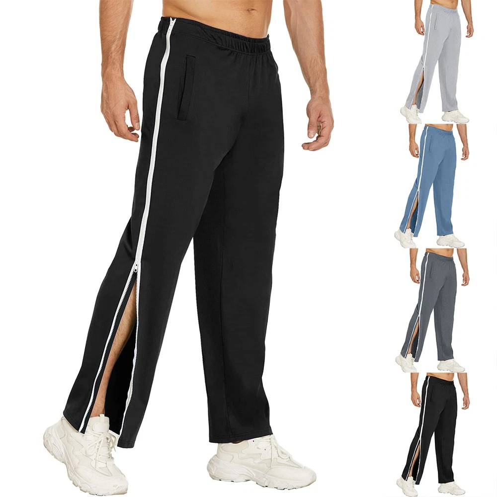 Mens Jogging Pants Tracksuit Bottoms Pocket Gym Open Leg Side Zip Casual Joggers