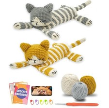 2pc Sleeping Cat Amigurumi Crochet Kit Beginner DIY w/ Video Tutorial Handbook