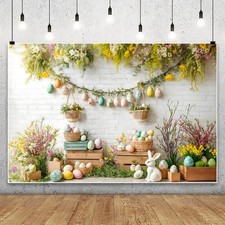 Spring Easter Bunny Banner Backdrop Rustic Egg Hunt Photo Booth Background Decor