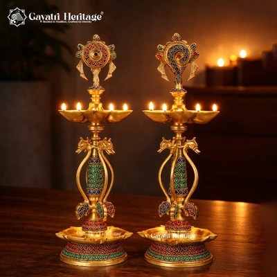 Brass Shankh Chakra Diya Set Pair Oil Lamps Puja Decor