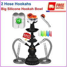 Black Hookah Set 2 Hose Hookahs, Black Mini Hookah Kit w 50x Foil Sheets, Enjoy