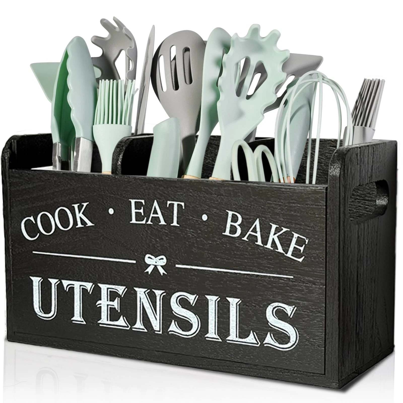 Wooden Kitchen Utensil Holder with 3 Compartments, Utensil Storage Organizer ...