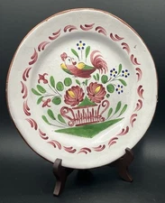 Earthenware plate naive decor rooster flower basket late 19th century