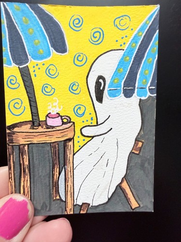 ACEO Original Painting "Ghost at the Cafe" Halloween Art Colorful & Cute Art