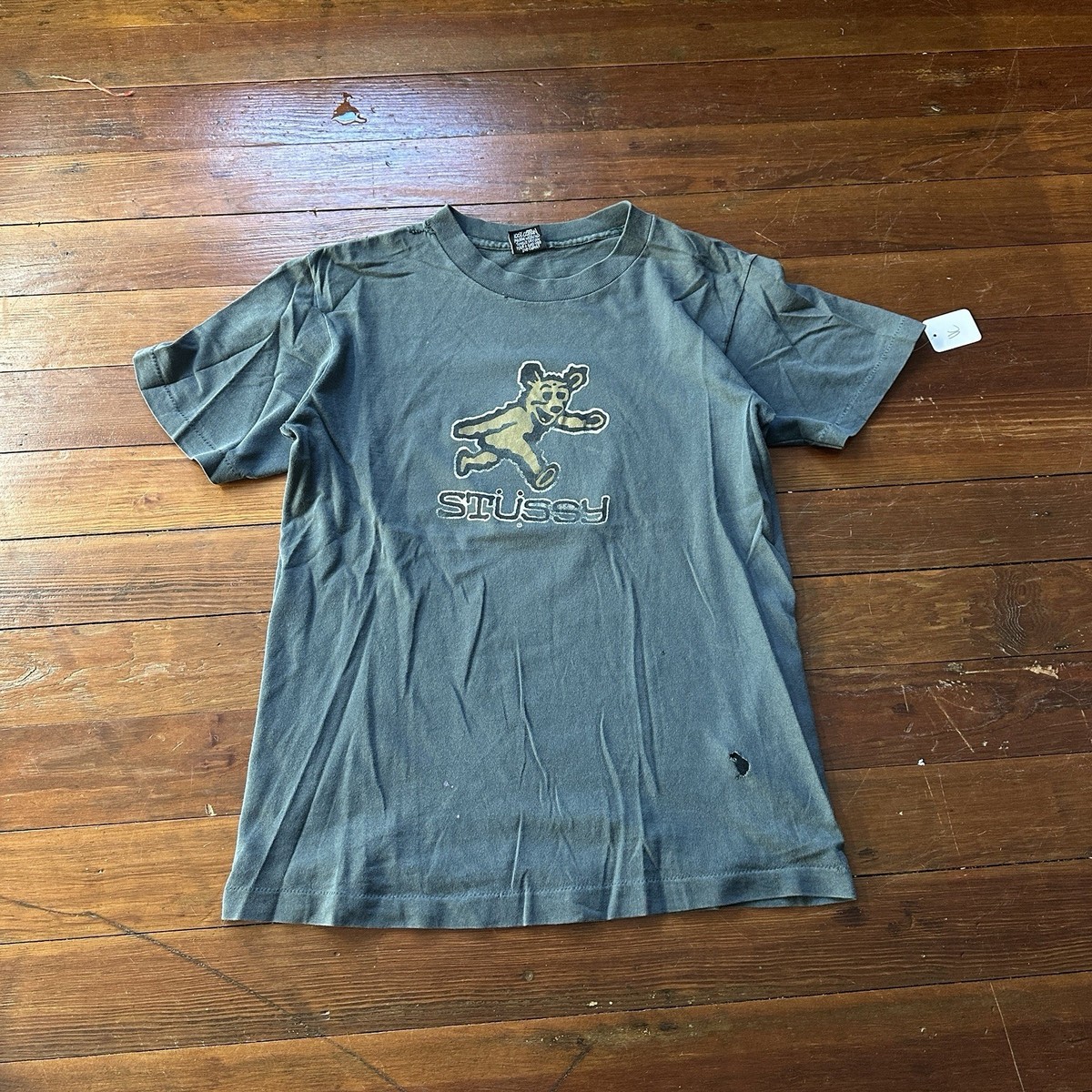 90s vintage Stussy bear graphic distressed tee shirt gray men's S