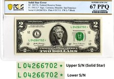 2017A Star 2 Two Dollar PCGS Graded Gem 67PPQ SOLID/FILLED STAR Error Note RARE