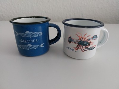 2 Batela Espresso Tassen Aus Metall, Emailstyle, Maritime Motive Weiss ,blau