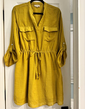 Indulge Yellow Solid Shirt Dress V-Neck 3/4 Roll Tab Drawstring Pockets XL