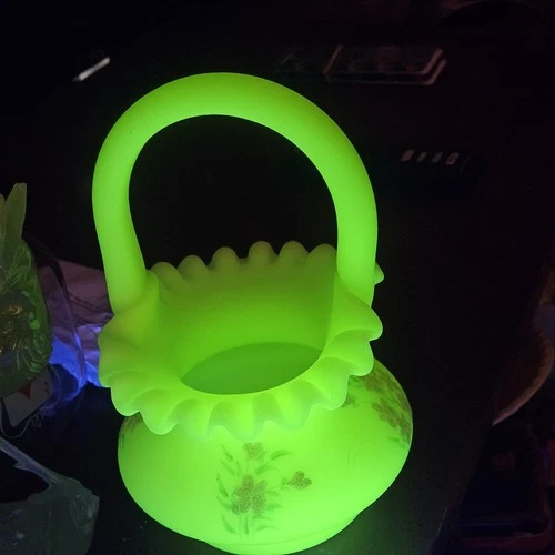 Fenton Uranium Satin Custard Glass Basket Pink Blossoms Hand Painted Signed