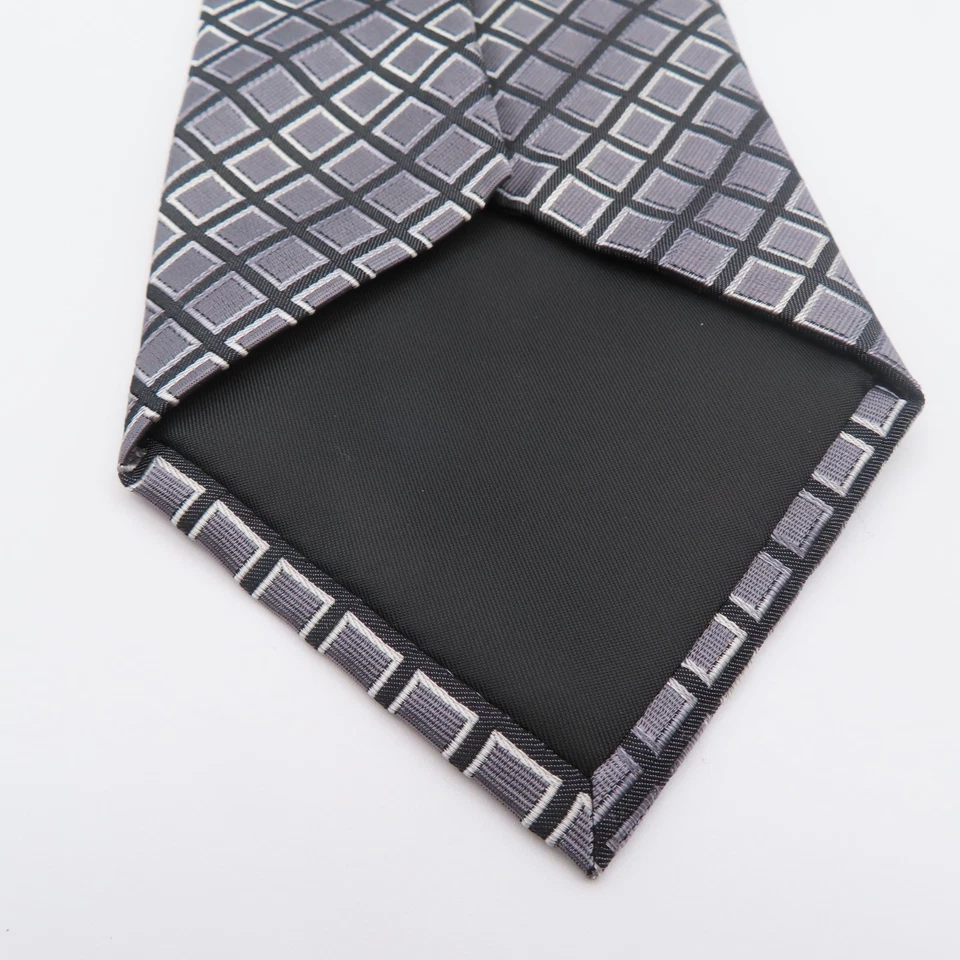 Corbata de cuello Alfani para hombre gris seda negra a cuadros 4" de ancho 57" de largo Foto 3 de 4