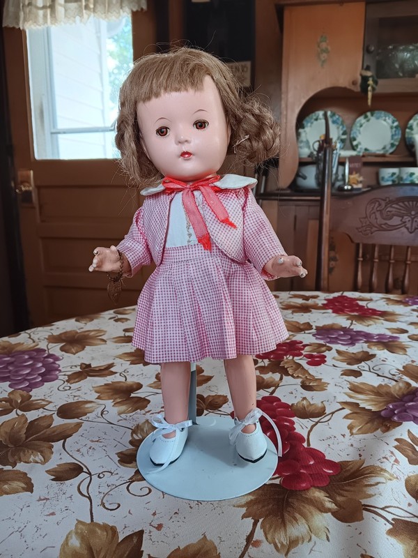 Vintage Effanbee  11 1/2" Doll With Gingham Outfit and Durable Dolls Bracelet
