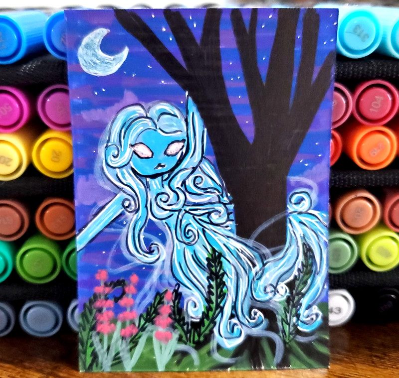 ACEO Original Art Card 3.5x2.5 Witchy, OOAK Ghost Wisp Painting, Spirits Spooky