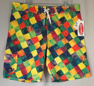 Mambo Australia NEW Mens XL Board Shorts Checker Multi-Color Swim Trunks Pocket