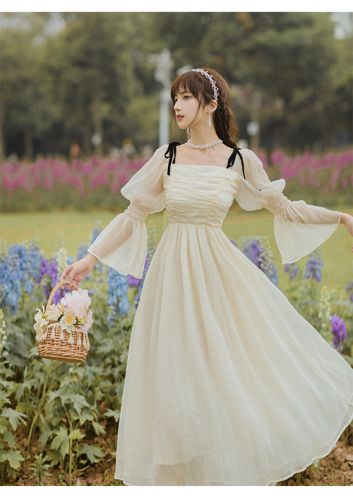 Romantic Chiffon Fairy Dress WomenVintage CottageSquare Collar FlareSleeve  Sweet | eBay