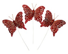 12PC 4" Burgundy  Silver Glitter Feather Butterfly Craft DIY Cake Topper