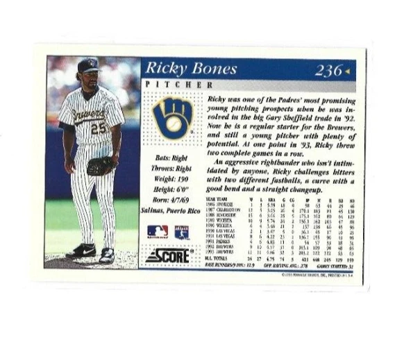 Rickey Bones 1994 Score Hobby Series One # 236 - Image 2 of 2