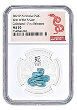 2025 Australia Lunar Snake 1/2 oz moneta argento colorata NGC MS70 prime uscite