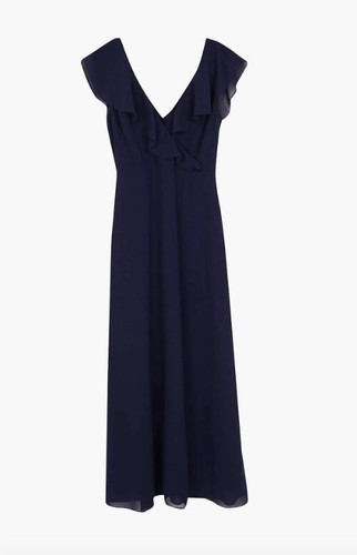 WAREHOUSE Frill Wrap Bridesmaid, Party Dress, Navy Mink Color Sizes 6 to 18 - Picture 3 of 9