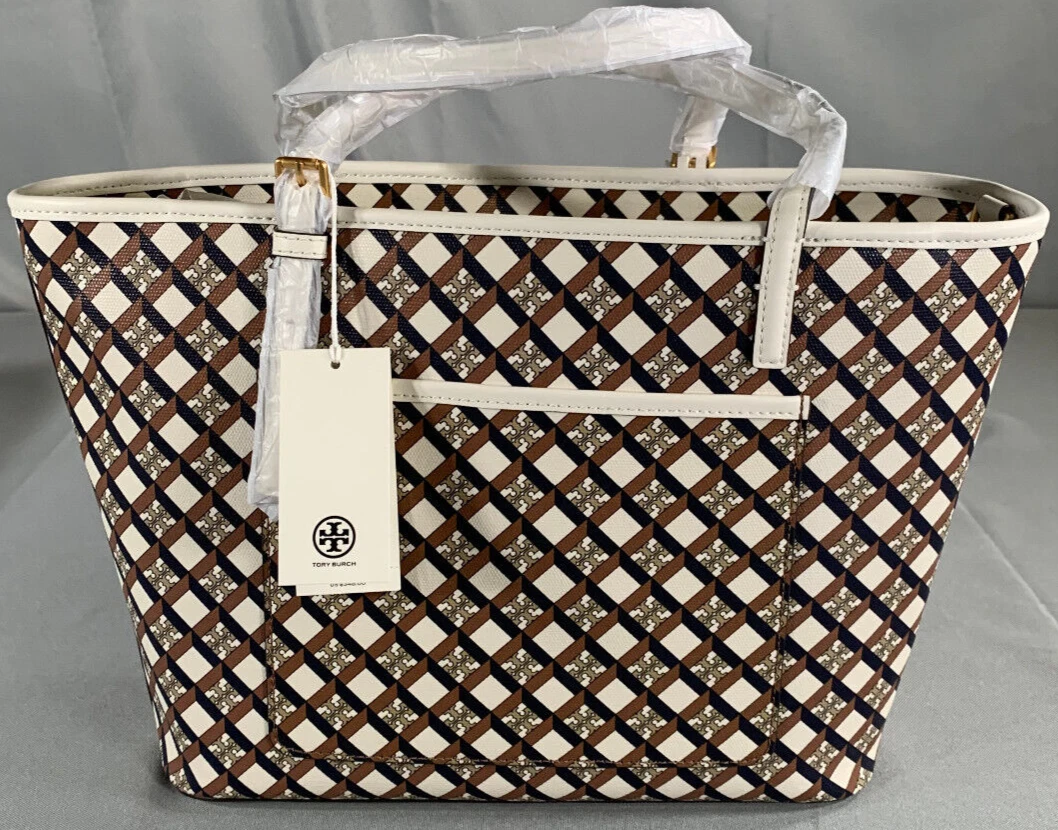 Borsa Tory Burch tote bag geo logo top zip avorio neutra grande nuova con etichette prezzo al pubblico consigliato dal produttore $398