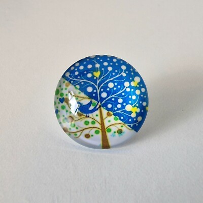 Blue Tree Brooch Pin - 20mm Multi-Colour Patterned Glass Cabochon Pin Badge